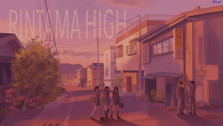 Students walking through a Japanese-inspired neighborhood at sunset