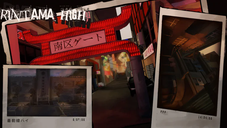 Collage of a red district gate, school entrance, and dark alley